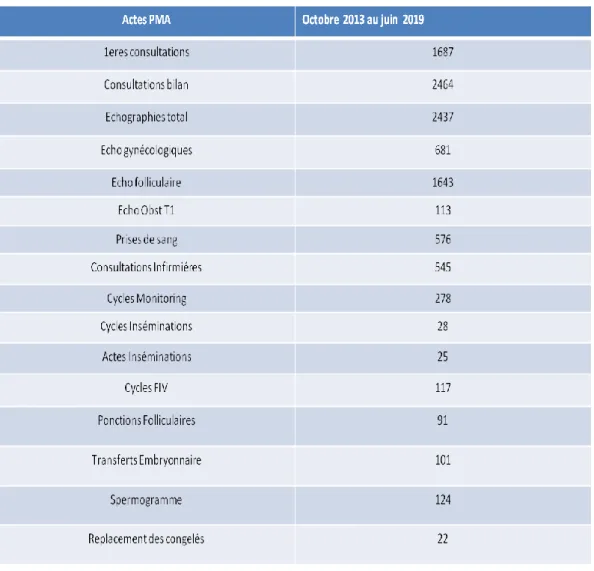 Tableau 2:Bilan d’activité du centre PMA du Octobre 2013 au Juin2019,Source:unité  des statistiques, HMSRO