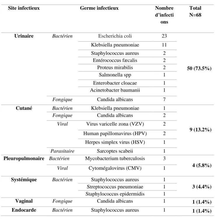 Tableau 6: Germes infectieux documentés par site. 