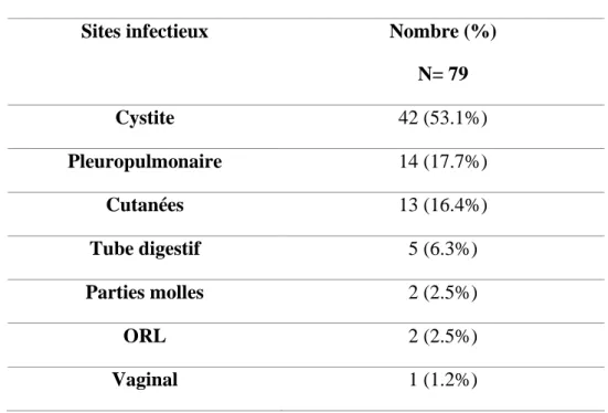 Tableau 8: Sites des infections légères. 