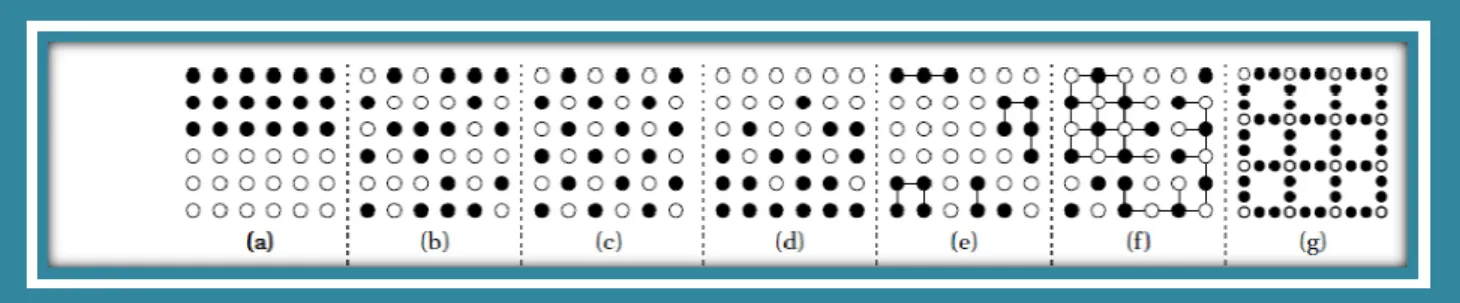Fig. 11: Différents états d’un mélange binaire : (a) complètement ségrégé ; (b) aléatoire ;(c) parfait ; (d) partiel- partiel-lement ségrégé ; (e) cohésif ségrégé ; (f) partielpartiel-lement ordonné ; (g) parfaitement  ordonné d’après (44)