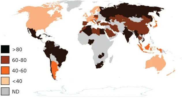 Figure 14 : Prévalence de l’infection à H. pylori dans le monde [24] 