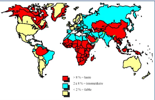 Figure 4 :  Répartition de la Prévalence de l'infection à VHB dans le monde  [9]   