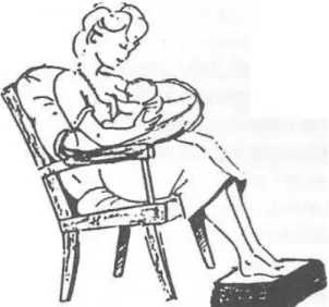 Figure 8. Position assise : Dos calé, coussins sur les   genoux et sous les bras. Repose-pieds