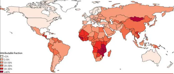 Figure 16: Carte mondiale de la fraction attribuable du cancer liée à une infection, 2012[65]