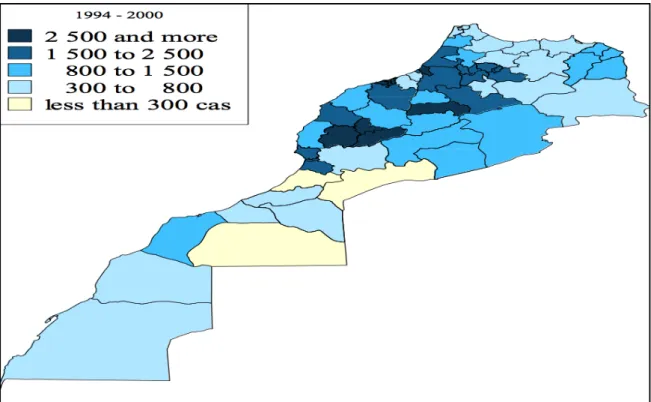 Figure 10 :L’incidence de cas des IST selon les villes de Maroc entre 1994 et 2000[26]