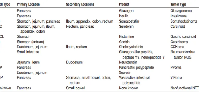 Tableau 1 : Distribution des cellules neuroendocrines et tumeurs qui en découlent.[18] 