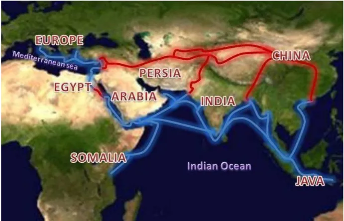 Figure 1 : carte géographique montrant l’étendu de la route   de soie entre l’asie et la méditéranée 