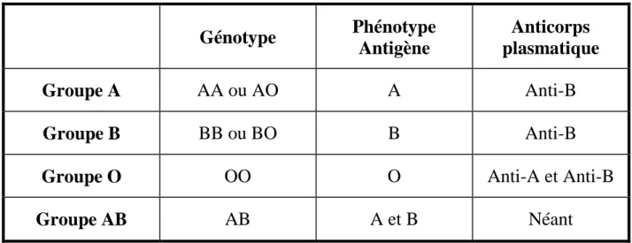 Tableau II : Système ABO : phénotypes, génotypes et anticorps. 