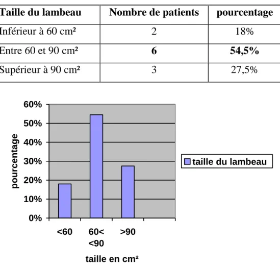 Tableau 5 : répartition des cas selon les dimensions du defect  Taille du lambeau   Nombre de patients  pourcentage 