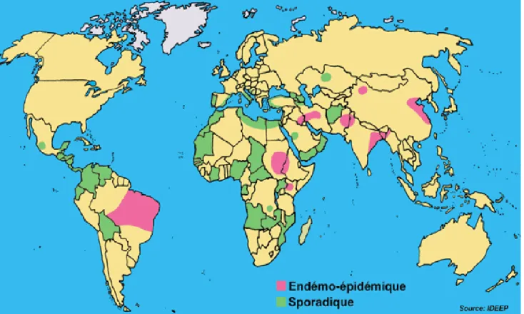 Fig. 2 : Répartition géographique mondiale des cas épidémiques et  sporadiques de LV  [1] 