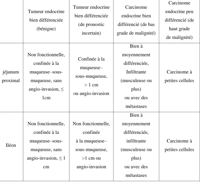 Tableau IX : Classification OMS des tumeurs endocrines jéjunales Proximales et iléales  [37bis]  Tumeur endocrine  bien différenciée  (bénigne)  Tumeur endocrine bien différenciée (de pronostic  incertain)  Carcinome  endocrine bien  différencié (de bas  g