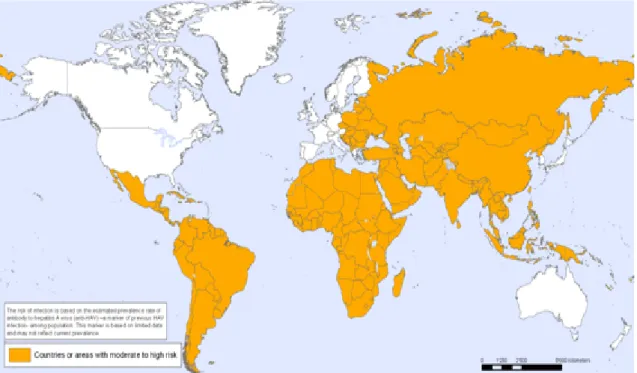 Figure 9 : Répartition d’hépatite A dans le monde, 2012 [76]. 