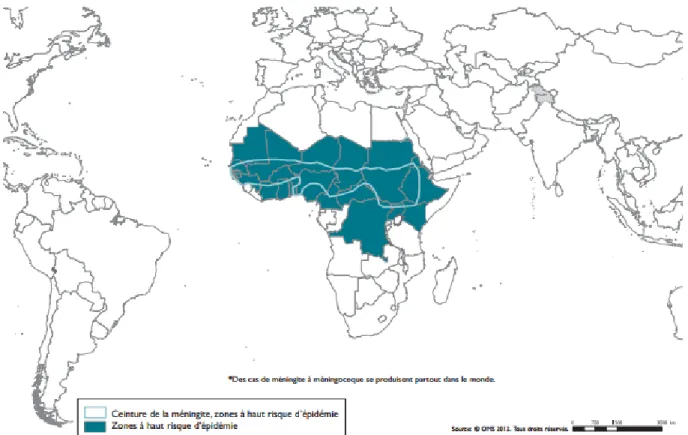 Figure 10 : Répartition de méningite à méningocoque, 2011 [77]. 