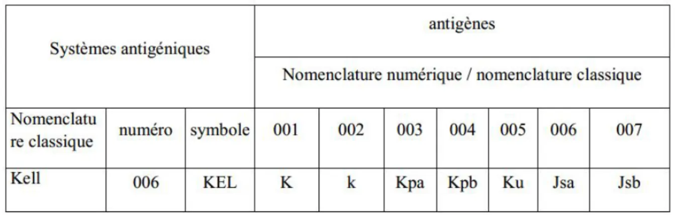 Tableau V  : les différentes nomenclatures du système kell 