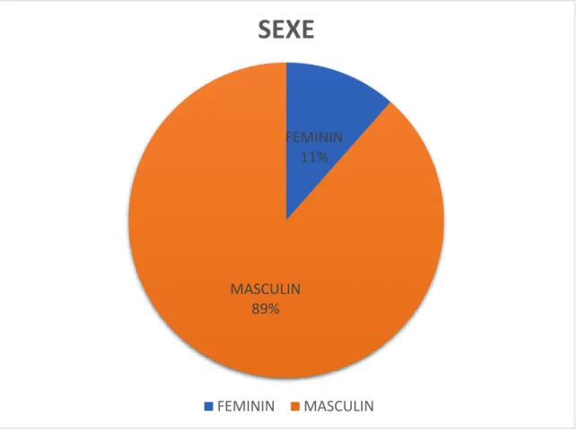Figure 1 : répartition des patients selon le sexe FEMININ11%MASCULIN89%SEXEFEMININMASCULIN