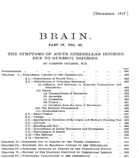 Figure  3: Article apparu en 1917 Sir Gordon Holmes a étudié les perturbations de la  production de la parole dans la première guerre mondiale chez les  soldats qui ont subit 