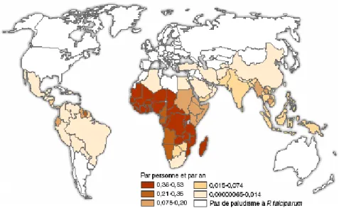Figure 2 : Distribution mondiale des cas de paludisme à Plasmodium falciparum  [1]