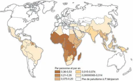 Fig. 6 : Régions d’endémie palustre (d’après l’OMS 2010)  [38]