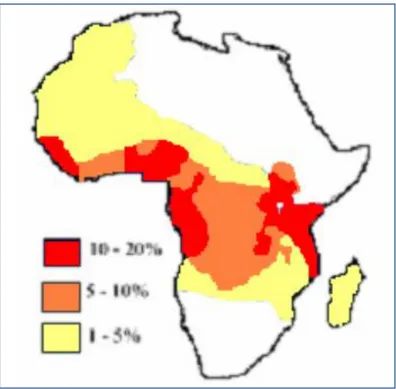 Figure 6 : Répartition géographique du trait drépanocytaire en Afrique[12] 