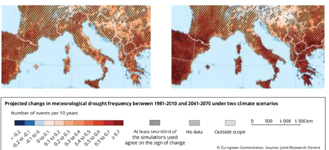 Fig. 1.1 Projected change in meteorological drought frequency between the present  (1981-2010)  and  the  mid-century  21st  century  (2041-2070)  in  Europe,  under  two  emissions scenarios; RCP 4.5 (moderate), RCP 8.5 (severe)