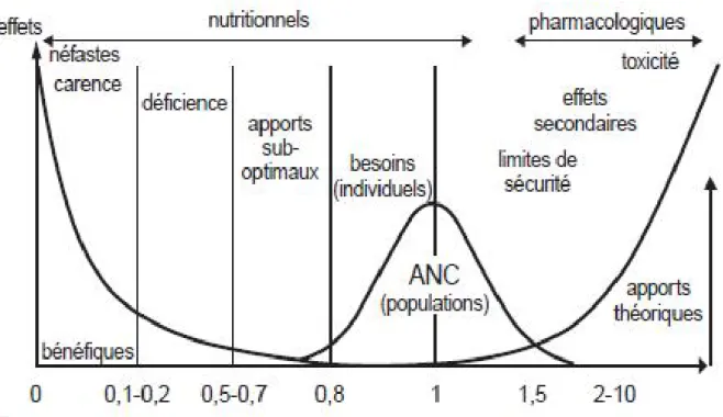 Figure 6 : Relation entre les quantités de micronutriments ingérées   et leurs effets potentiels sur la santé [58]