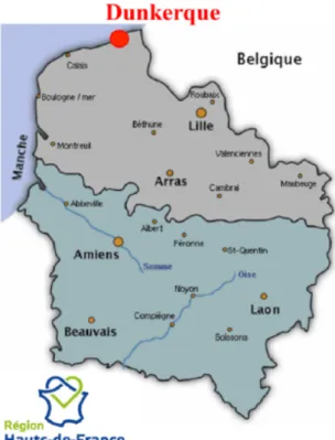 Figure 1.6 – La localisation de la ville de dunkerque au sein de la région Hauts-de-France.