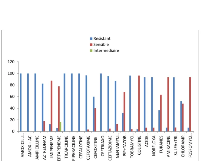 Figure 5 : Pourcentage de résistance des souches de notre étude   vis-à-vis des antibiotiques testés