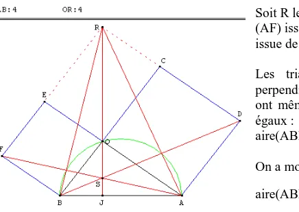 Figure de Vecten : homothéties pour montrer que S est le point de concours des droites (OR), (AF)  et (BD) : voir les problèmes du BOA 