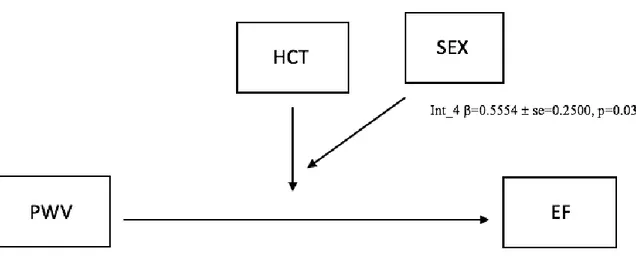 Figure 10 - Moderated moderation model depicting the effect of HCT on the relationship PWV  on EF among sexes