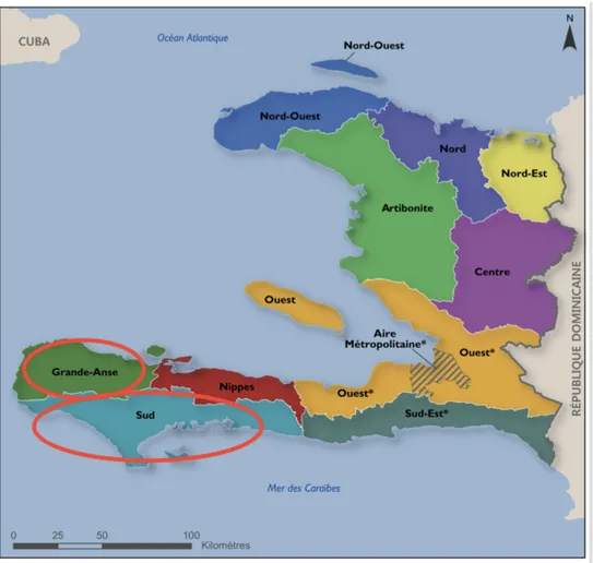 Figure 4. The map of Haiti and the division among 10 departments. Source:  (Cayemittes 2013) 