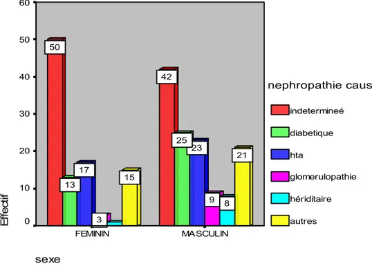 Figure 8 : répartition des néphropathies causales selon le sexe des malades 