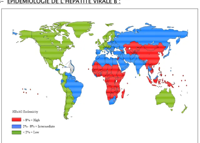 Figure 14 : Prévalence de l’hépatite B dans le monde. (63)
