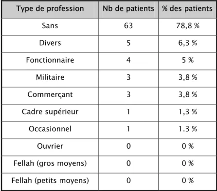 Tableau IV : L’activité professionnelle des patients :  Type de profession      Nb de patients % des patients 