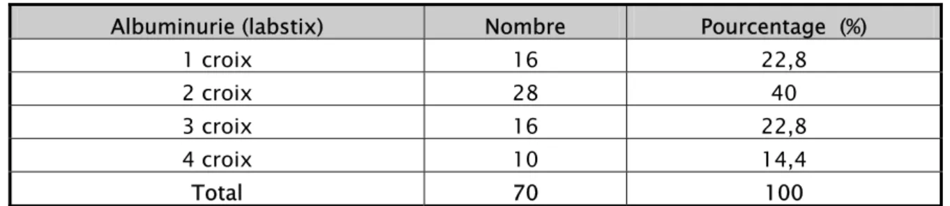 Tableau V : Répartition de l’albuminurie selon le nombre de croix au labstix  Albuminurie (labstix)  Nombre  Pourcentage  (%) 