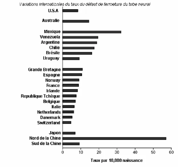 Fig. n°1 : graphique illustrant les variations du taux de défaut de fermeture de tube  neural dans les différents pays du monde