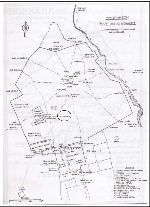 Figure 1 : Carte de la ville de Marrakech sous les almohades refaite par Gaston Deverdun 