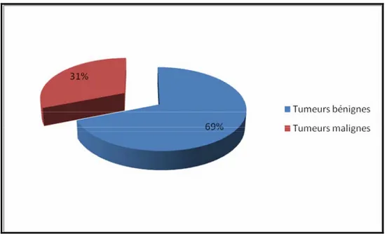 Figure 1 : Répartition des tumeurs selon leur nature bénigne ou maligne. 