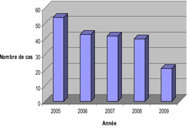 Figure 1 : Répartition du nombre de cas étudiés par année entre 2005 et 2009.                  