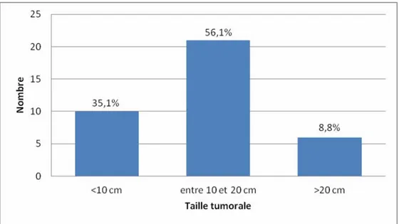 Figure n °4: répartition des patientes selon l’estimation échographique de la taille tumorale  La taille tumorale échographique était comprise entre 10 et 20 cm chez 32 malades soit  56 ,1%