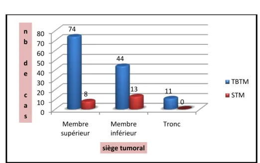 Figure 15: Répartition des TBTM et des STM selon le siège de la tumeur. 