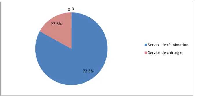 Figure 10 : Répartition de l’hospitalisation des patients opérés pour PTH et PTG   aux services d’anesthésie-réanimation et de chirurgie