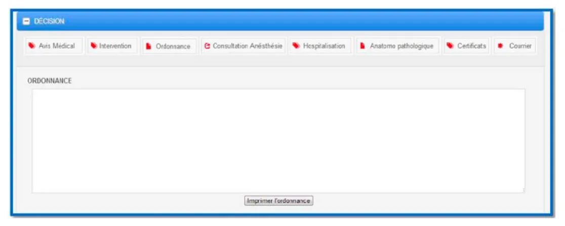 Figure 19:  Capture d’écran « Ordonnance »  Une consultation pré-anesthésie peut être programmée  (Figure 20) 