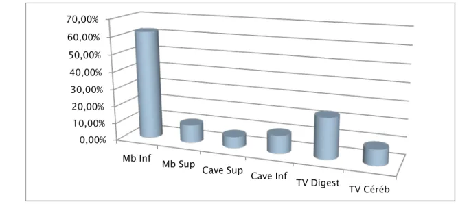 Figure 6 : répartition des différentes thromboses veineuses. 0,00% 10,00% 20,00% 30,00% 40,00% 50,00% 60,00% 70,00% 