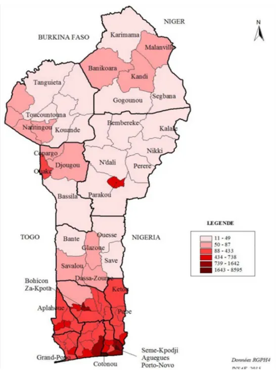 Figure 10.  Carte du Bénin, les communes et leur densité 
