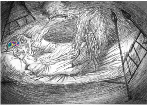 Figure 1. A representation of sleep paralysis experience 5 . The sleeper is awakened suddenly and sees a menacing 