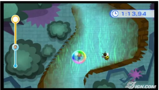 Figure 2. A screenshot of the Nintendo Wii Fit “Bubble Balance” game. Participants rely  on shifting their balance on a force platform to navigate the avatar downstream without  bursting the floating bubble on obstacles or the river edge