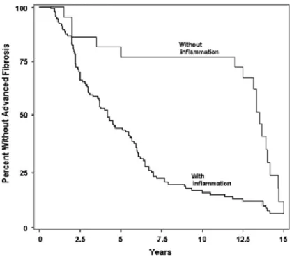 Figure 2.3: Kaplan-Meier survival curve for the difference in progression to advanced fibrosis between  patients with inflammation and those without