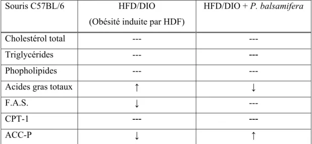 Tableau 3 : Résultats de l’étude ci-contre avec l’utilisation du P. balsamifera  et  une nutrition high fat diet (HFD) en comparaison avec le modèle contrôle CHOW  sur le jéjunum