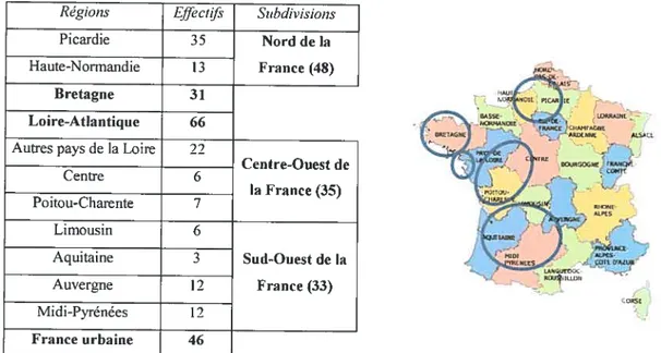 Tableau 1 Lieux d’origine et subdivisions géographiques des participants français.