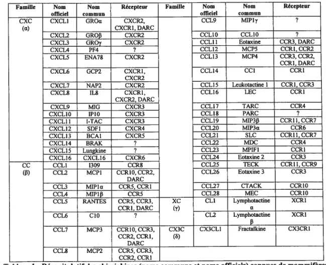 Tableau 1 Récapitulatif des chimiokines (noms communs et noms officiels) connues de mammifères, leur famille respective et leurs récepteurs correspondants.